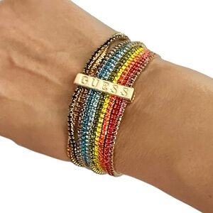 GUESS Women’s Gold Tone Multi-Row Rainbow Crystal Stretch Bracelet Stack New